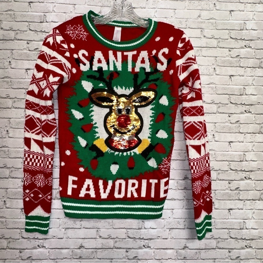 No Boundaries Womens Junior XS (1) Santa's Favorite Christmas Sweater Rudolph
